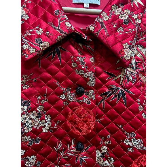 VTG KAKTUS Quilted Floral Red Gold Blk Silk Rayon Jacket 1X Lined Button Front - Picture 4 of 7